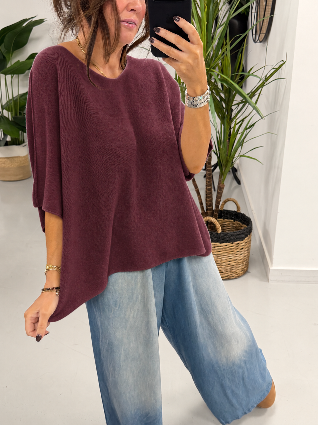 Gracie Crop Sleeve Knit - Aubergine