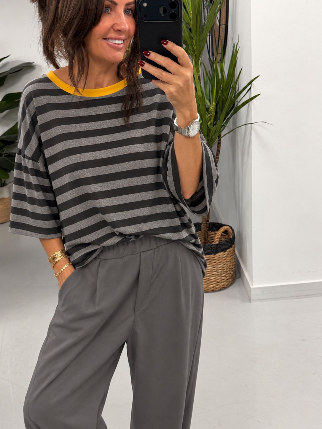 Sunset Stripe Puff Sleeve - Black/Grey (Size 12-18)