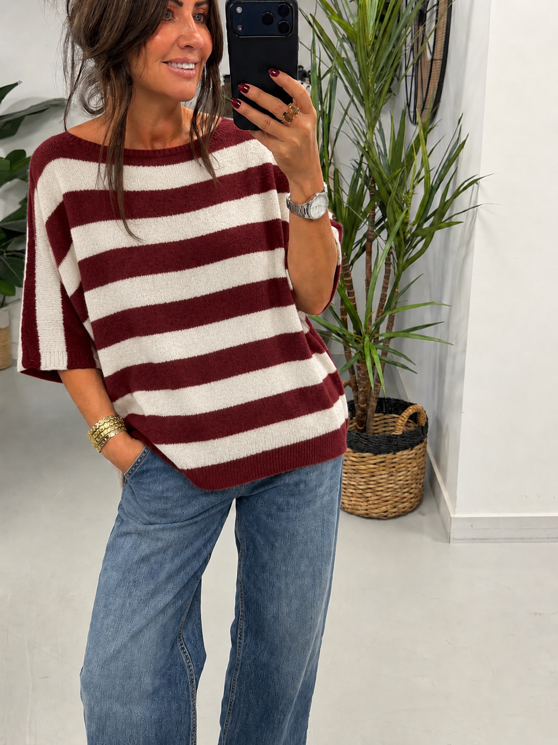 The Boat Neck Stripy Knit - Wine/White (Size 8-16)