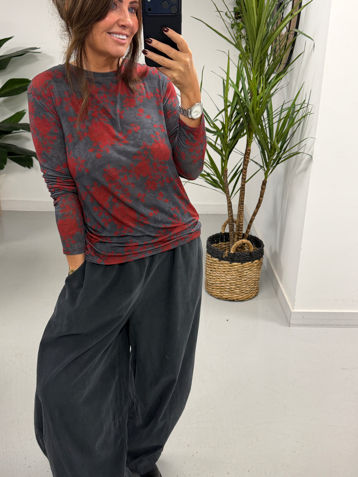 The Cashmere Blend Botanical Layering Top - Grey/Wine (Size 10-16)