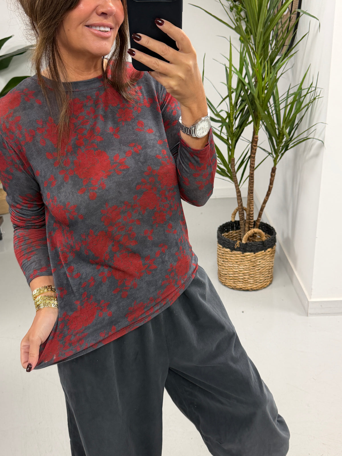 The Cashmere Blend Botanical Layering Top - Grey/Wine (Size 10-16)