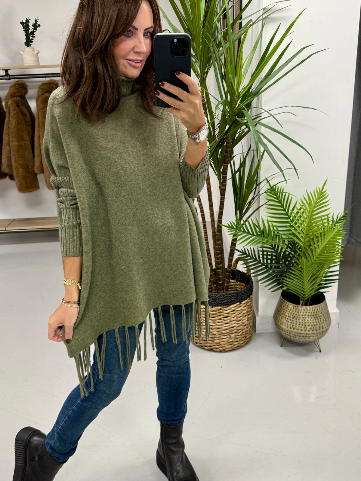 The Roll Neck Fringed Knit - Khaki