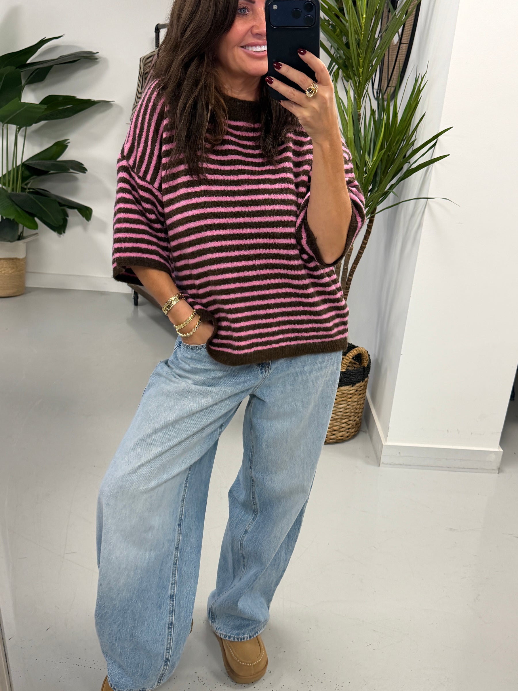 Bentley Crop Sleeve Knit  - Chocolate/Pink (Size 8-14/16)