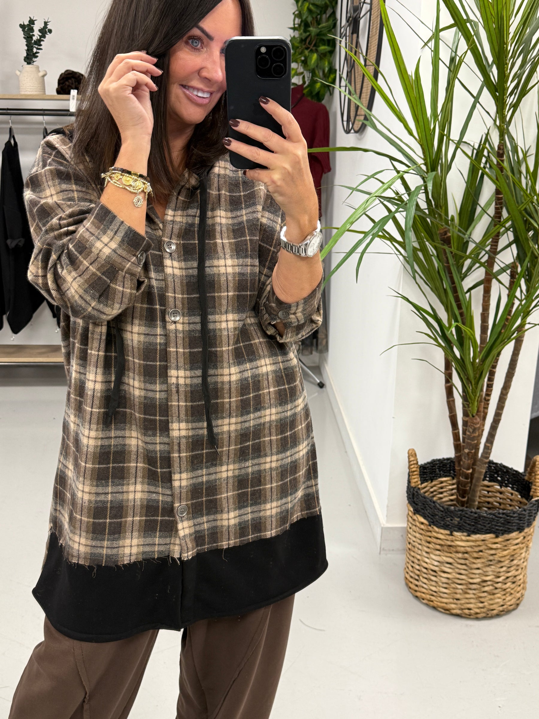 Hooded Check Shacket - Chocolate