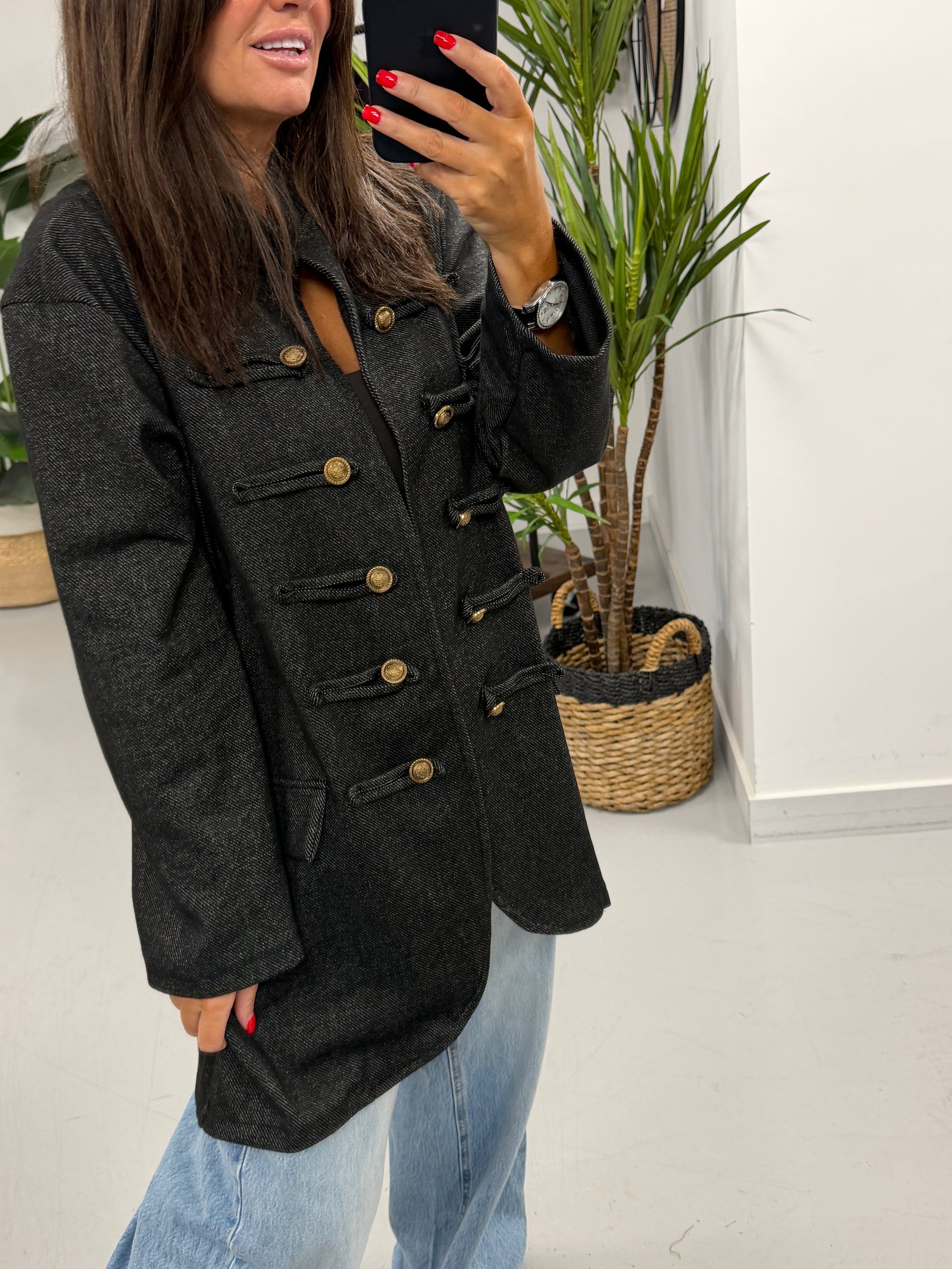 The Long Line Herringbone Style  Military Jacket - Black