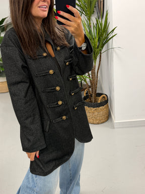The Long Line Herringbone Style  Military Jacket - Black