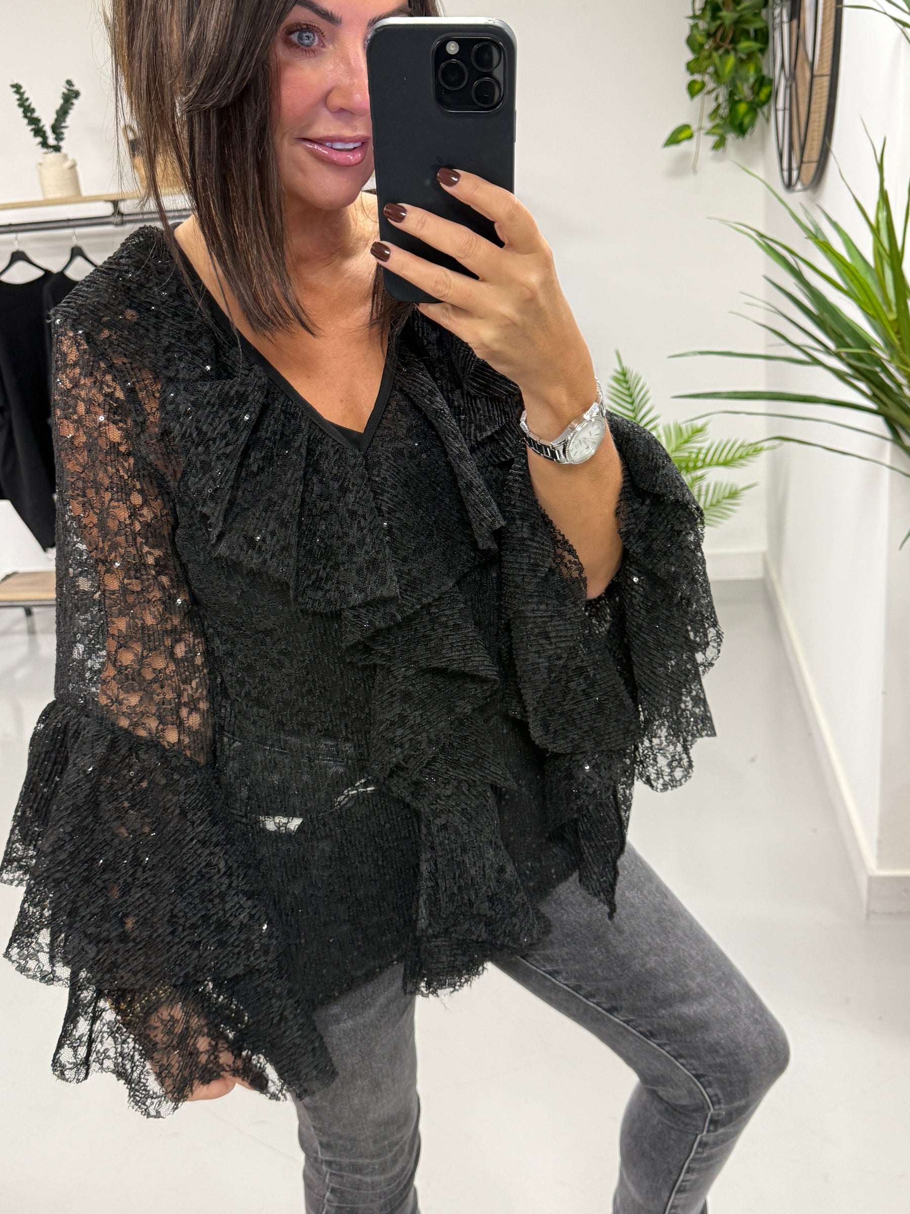 A Touch Of Sparkle Ruffle Blouse - Black