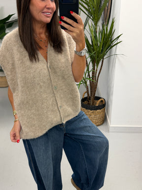 Button Up Slouchy Crop Sleeve Knit - Oatmeal