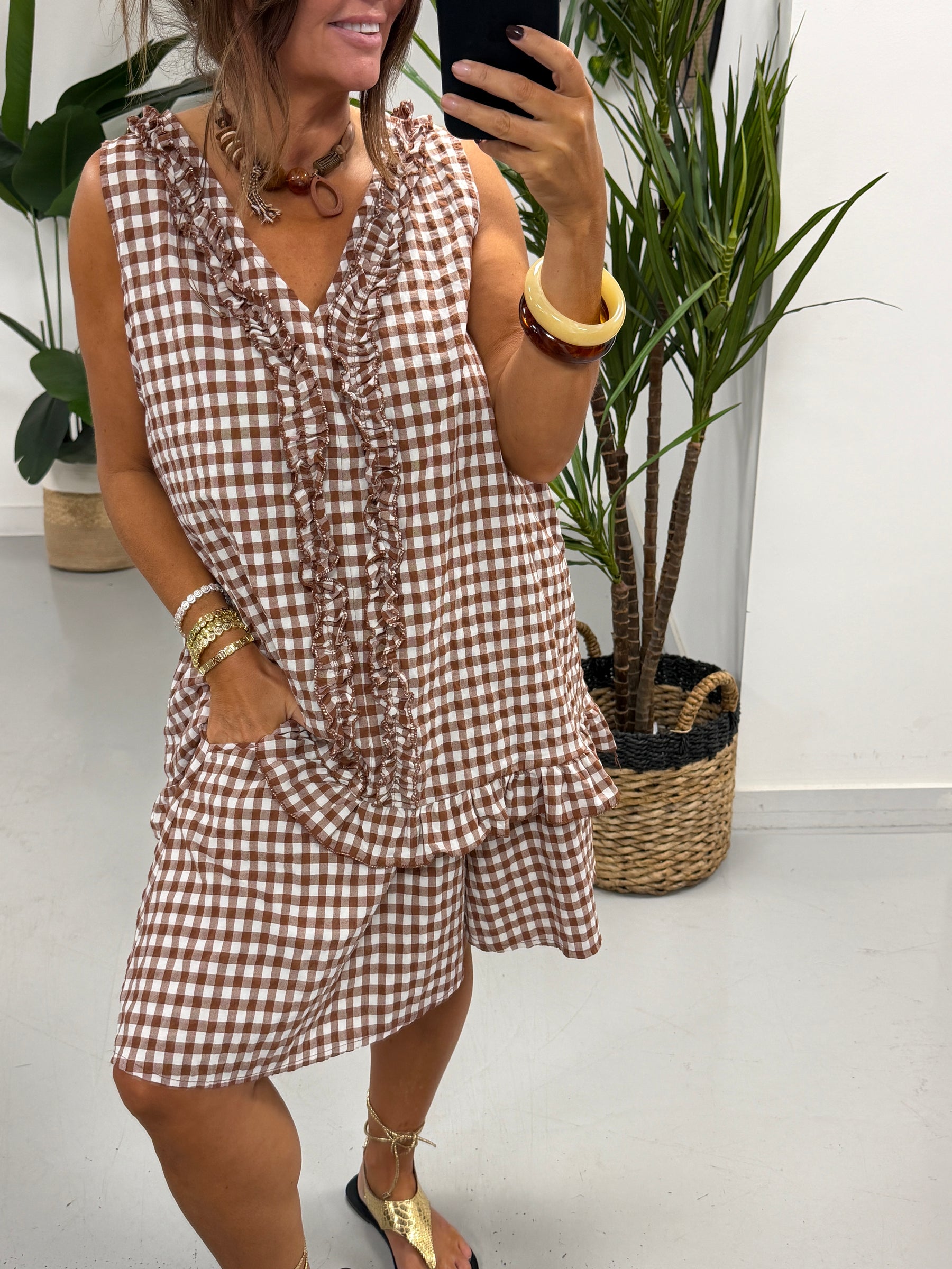 The Gingham Frill Tunic- Light Chocolate
