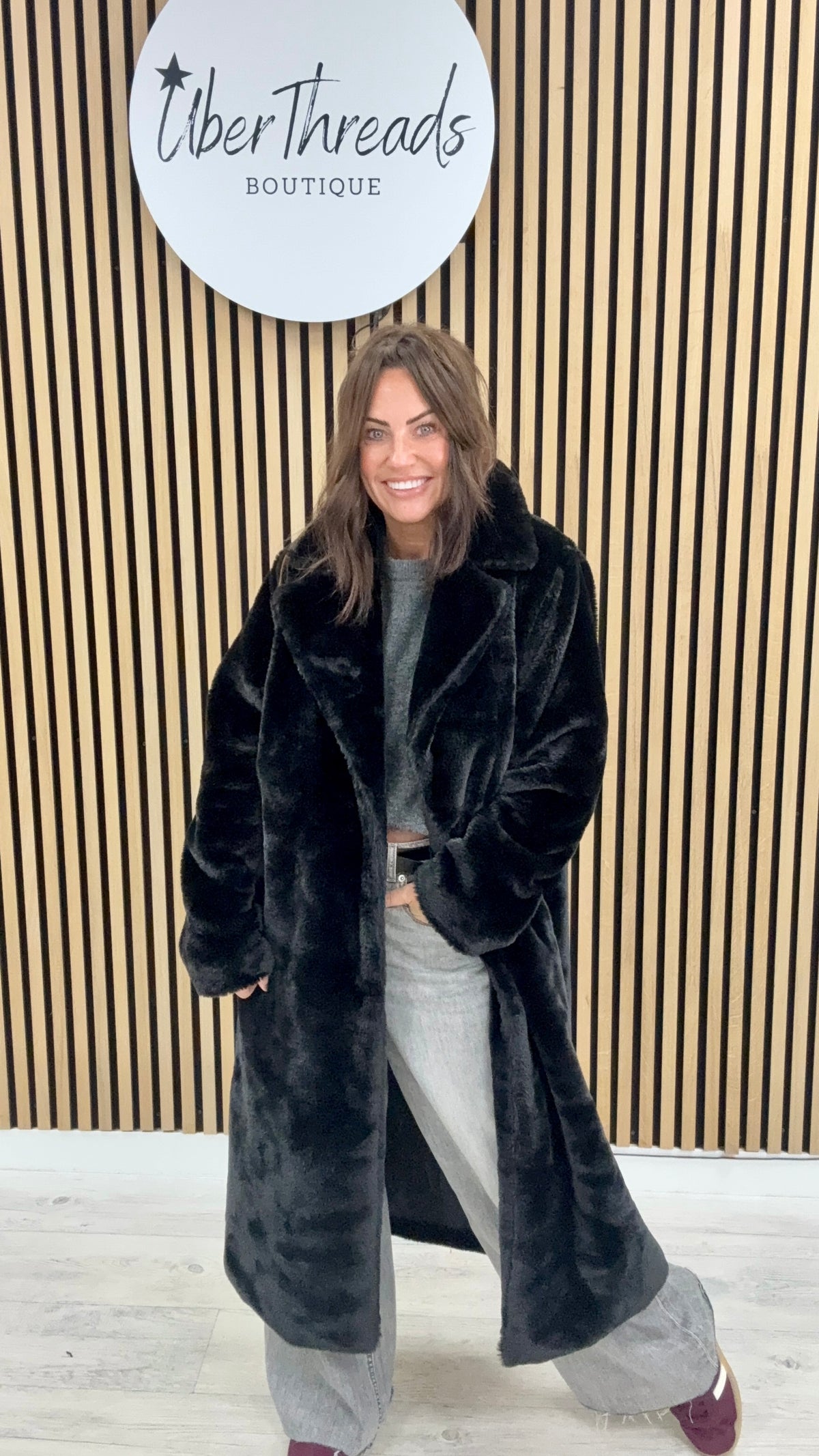 The Safron Longline Faux Fur Coat - Black (Size16/18)