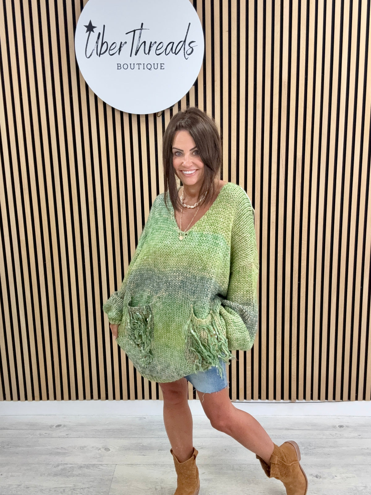 The Harlow Fringed Pocket Knit - Green