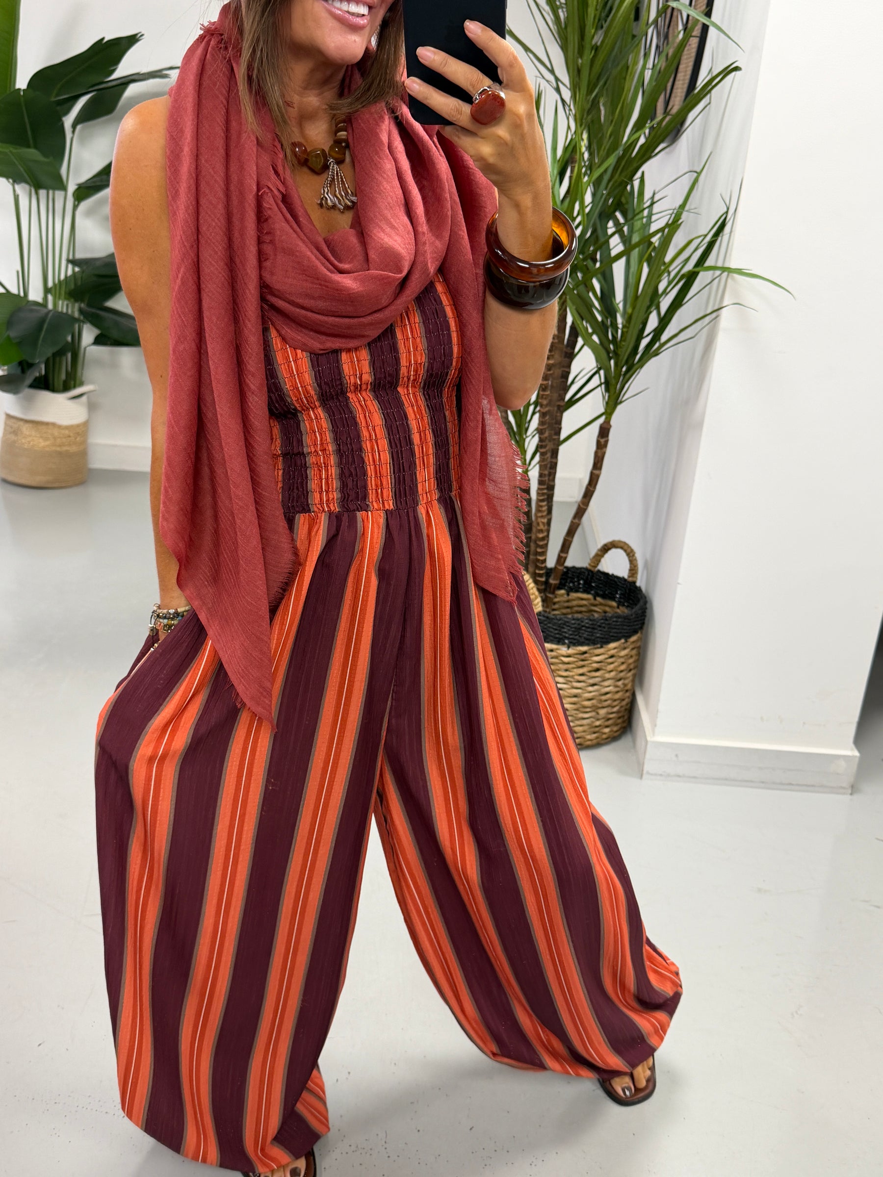The Sienna Sunset Stripe Jumpsuit - Rust