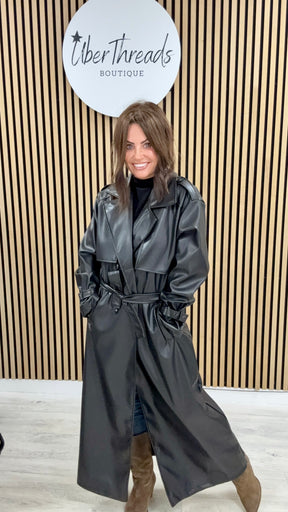 Chelsea PU Trench Coat - Black