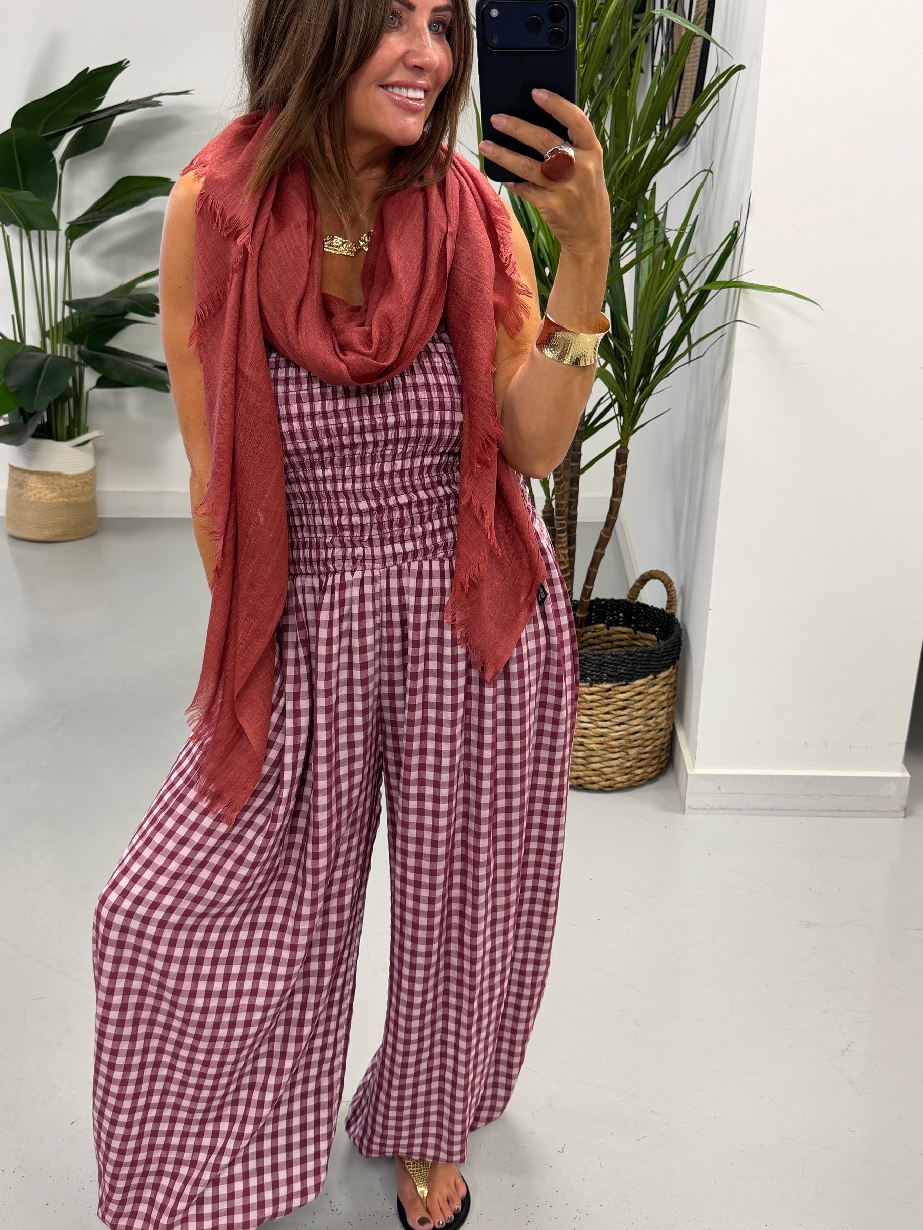 The Vichy Gingham Balloon Leg Jumpsuit - Wine