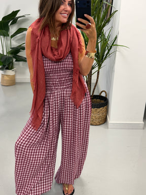 The Vichy Gingham Balloon Leg Jumpsuit - Wine