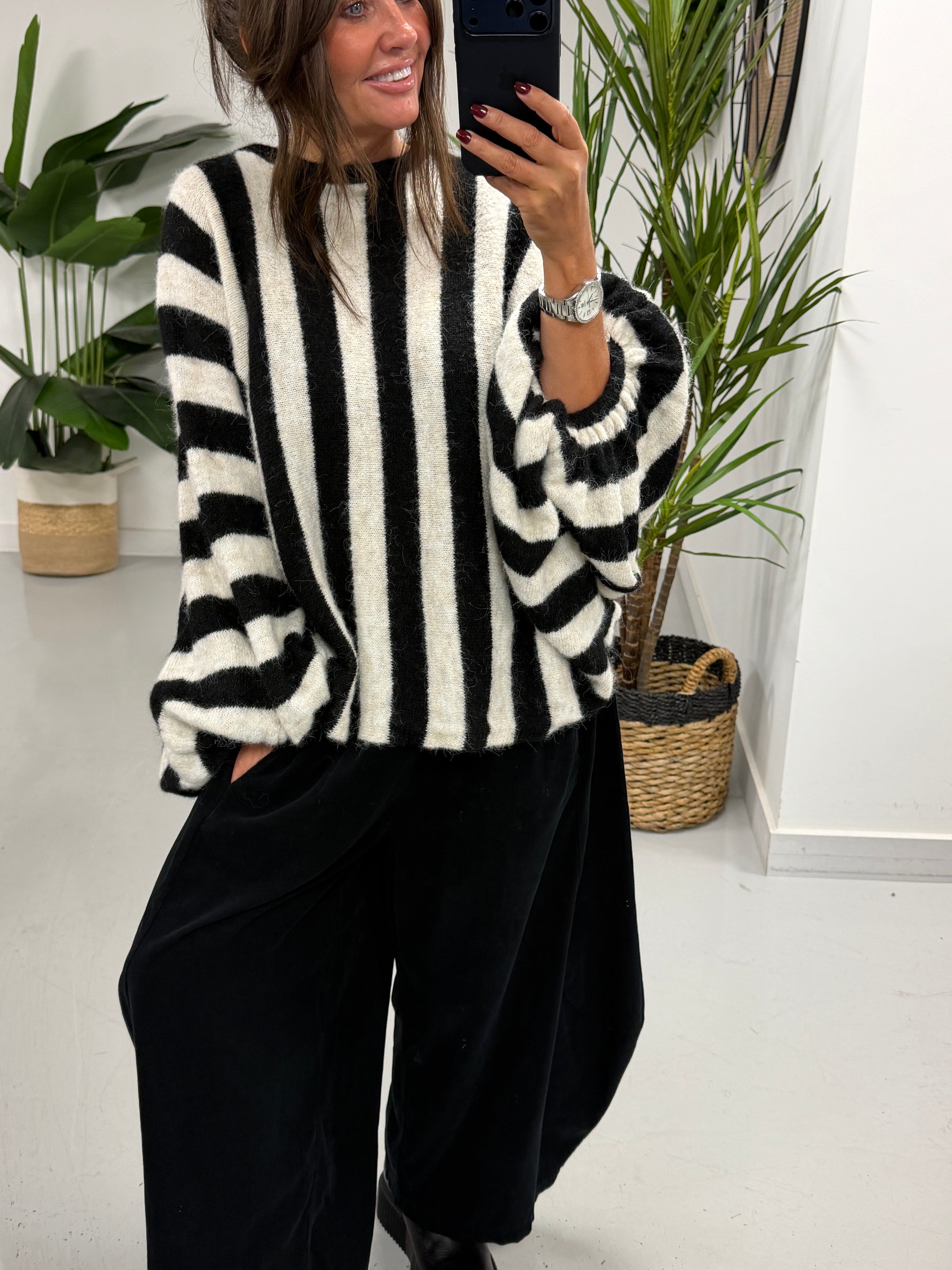 Zeta Otto Stripe Chunky Sleeve Knit - Black (Size 10-18)
