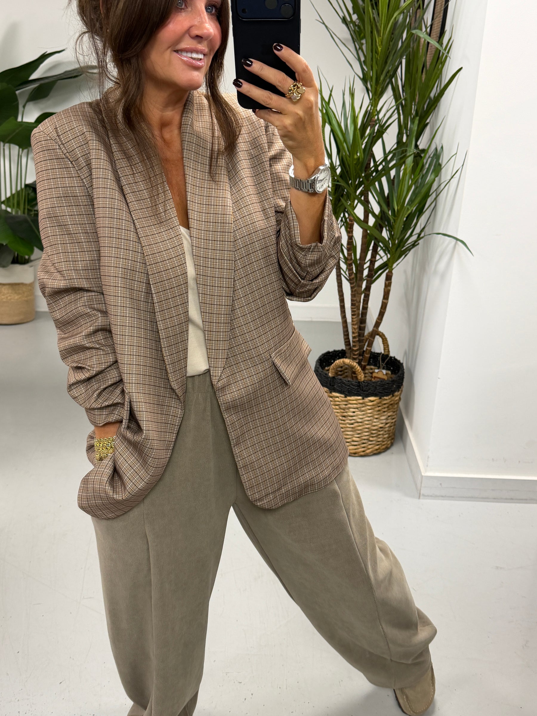 Plaid Ruched Sleeve Blazer - Taupe  (Plus sizes)