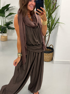 Wrap Crinkle Balloon Jumpsuit - Chocolate