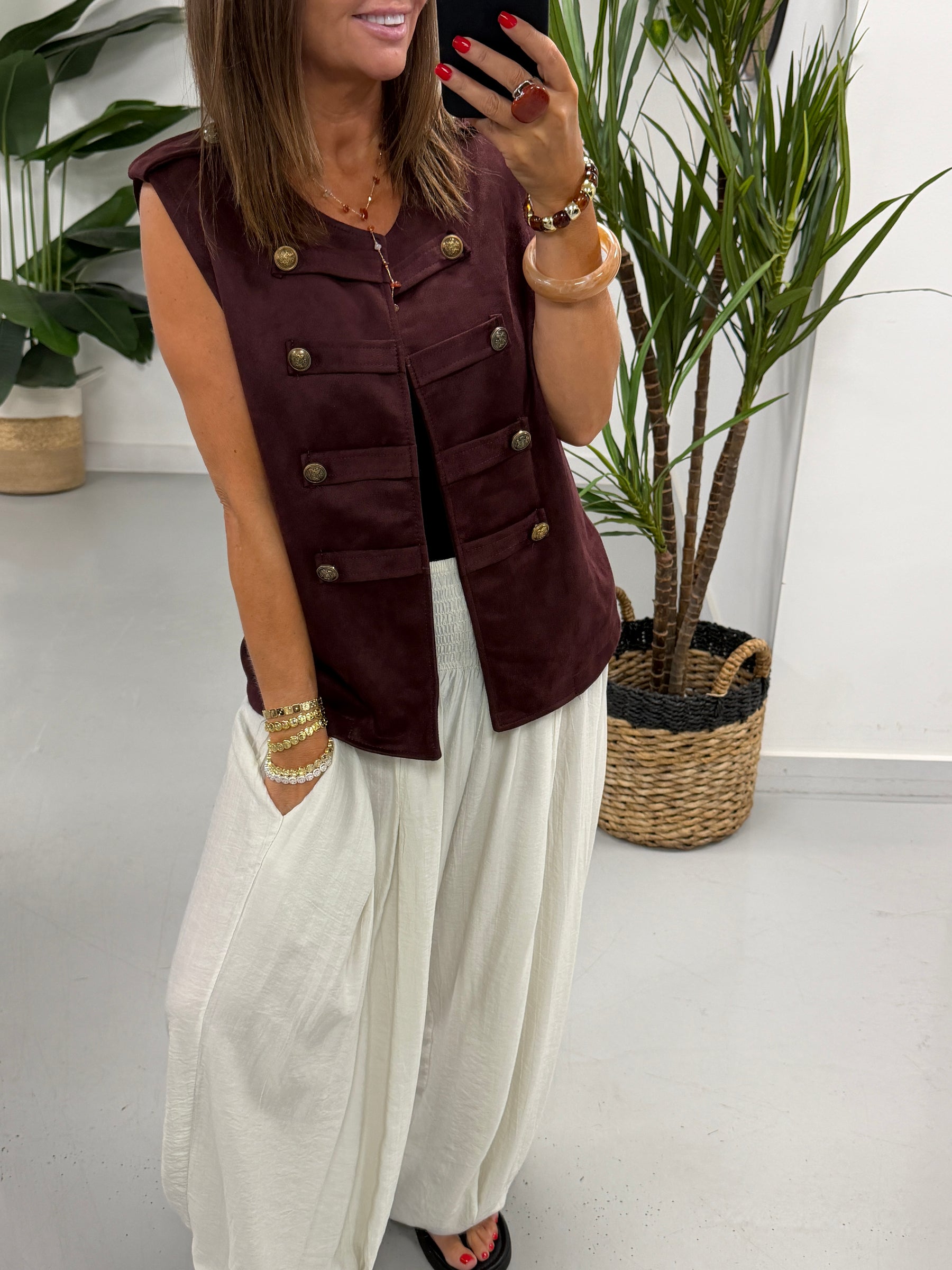 Velour Military Waistcoat - Wine