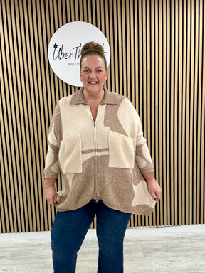 The Camello Zip Cardigan - Camel/Cream