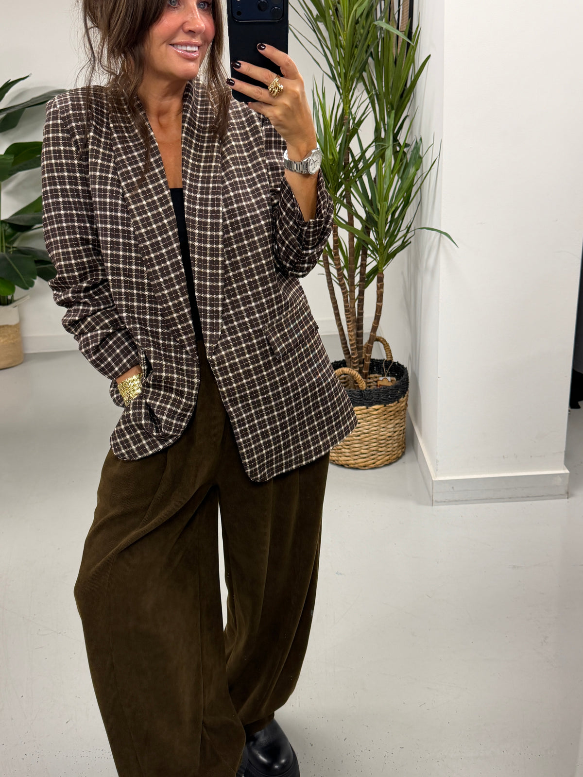 Ruched Sleeve Plaid Blazer - Chocolate Check  (Std sizes)