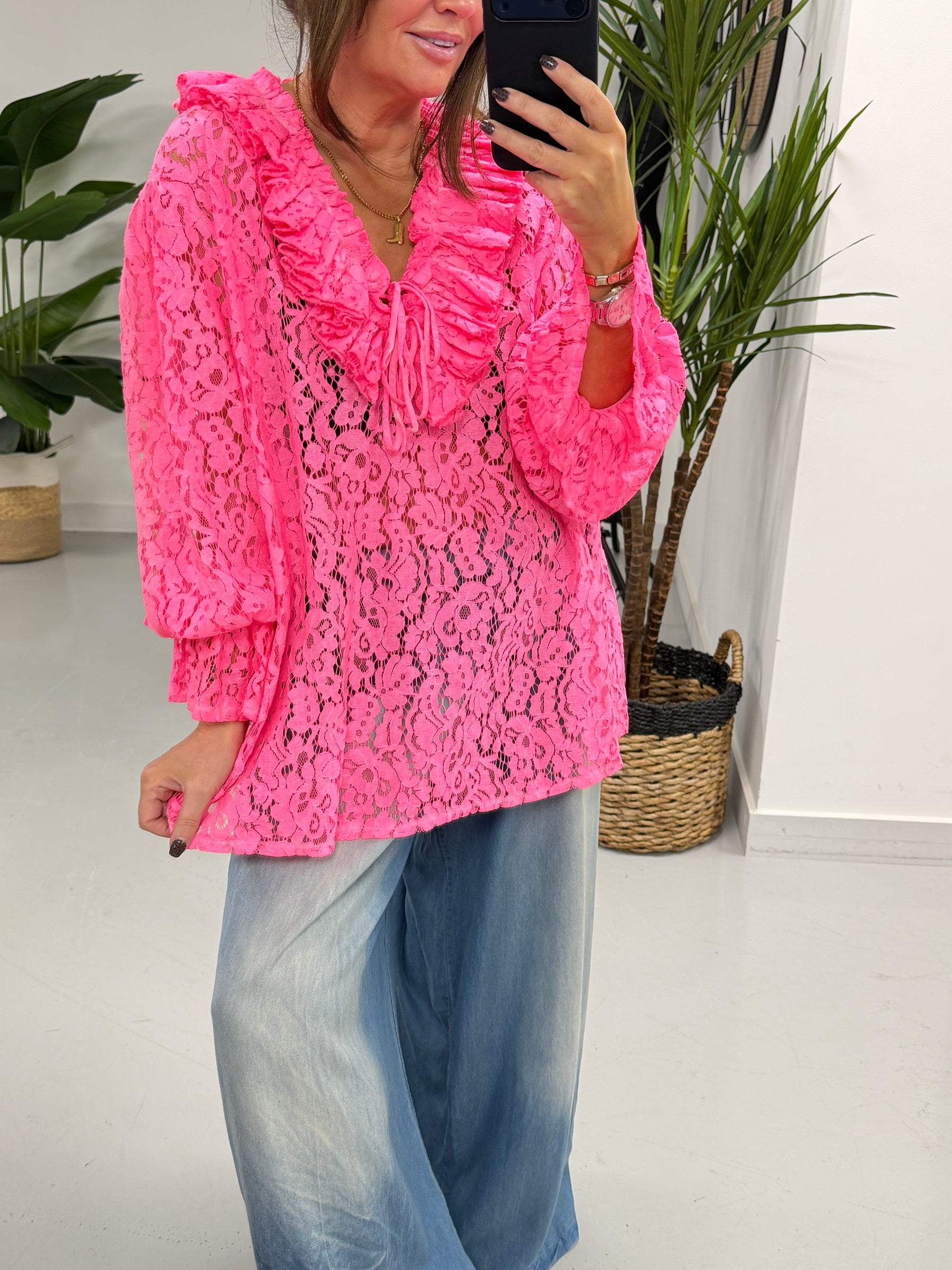 The Lace Ruffle Tie Blouse - Pink