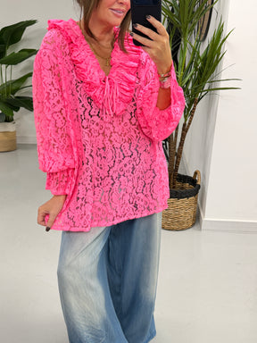 The Lace Ruffle Tie Blouse - Pink