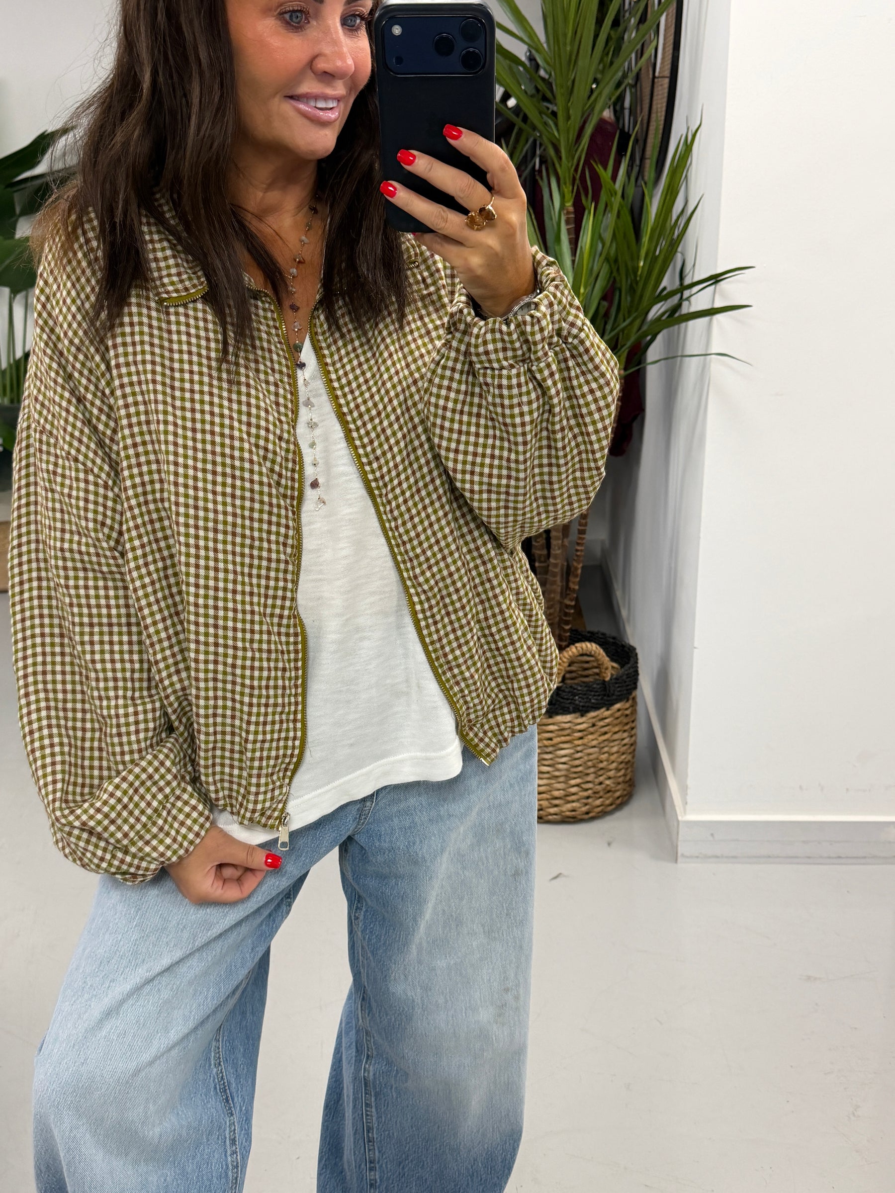 The Plaid Slouchy Bomber - Pistachio/Wine