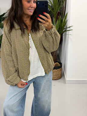 The Plaid Slouchy Bomber - Pistachio/Wine