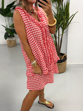 The Gingham Frill Tunic- Red