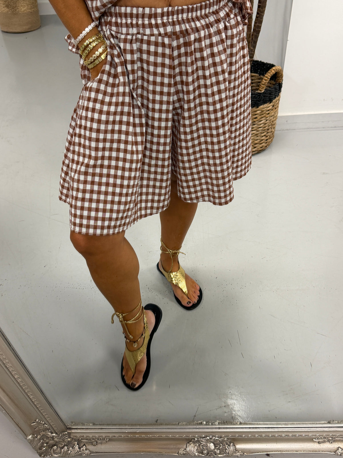 Gingham Elasticated Waist Shorts - Light Chocolate