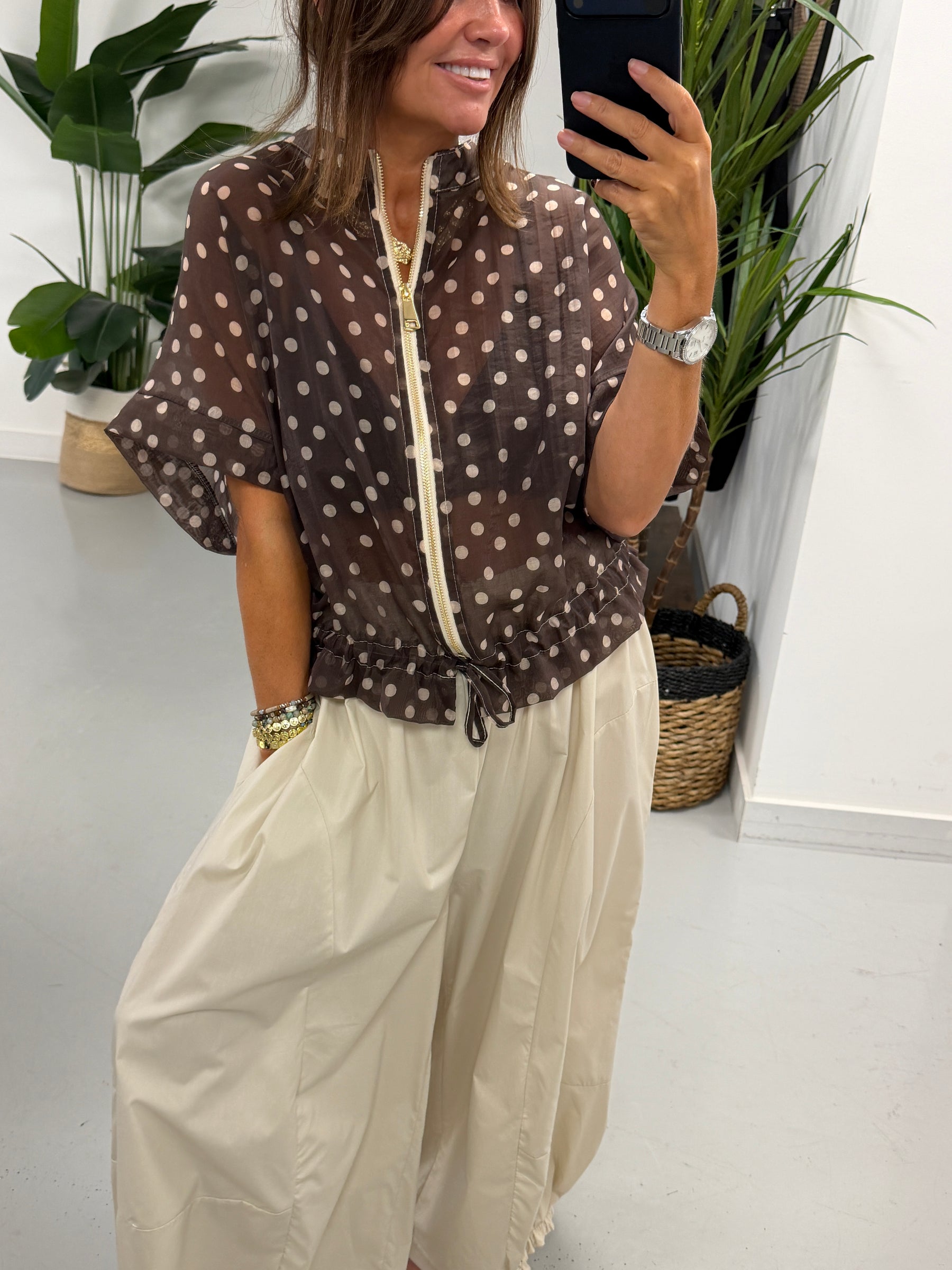 Lightweight Cropped Sleeve Jacket - Dark Polka