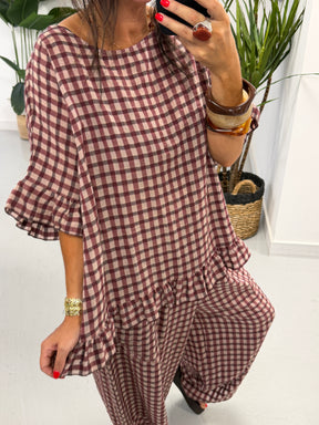 The Autumn Check Ruffle Tunic - Wine