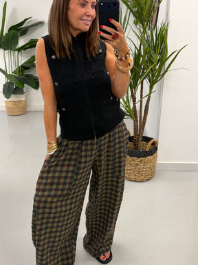 The Autumn Check Baggy Barrel Trousers - Olive Green/Blue