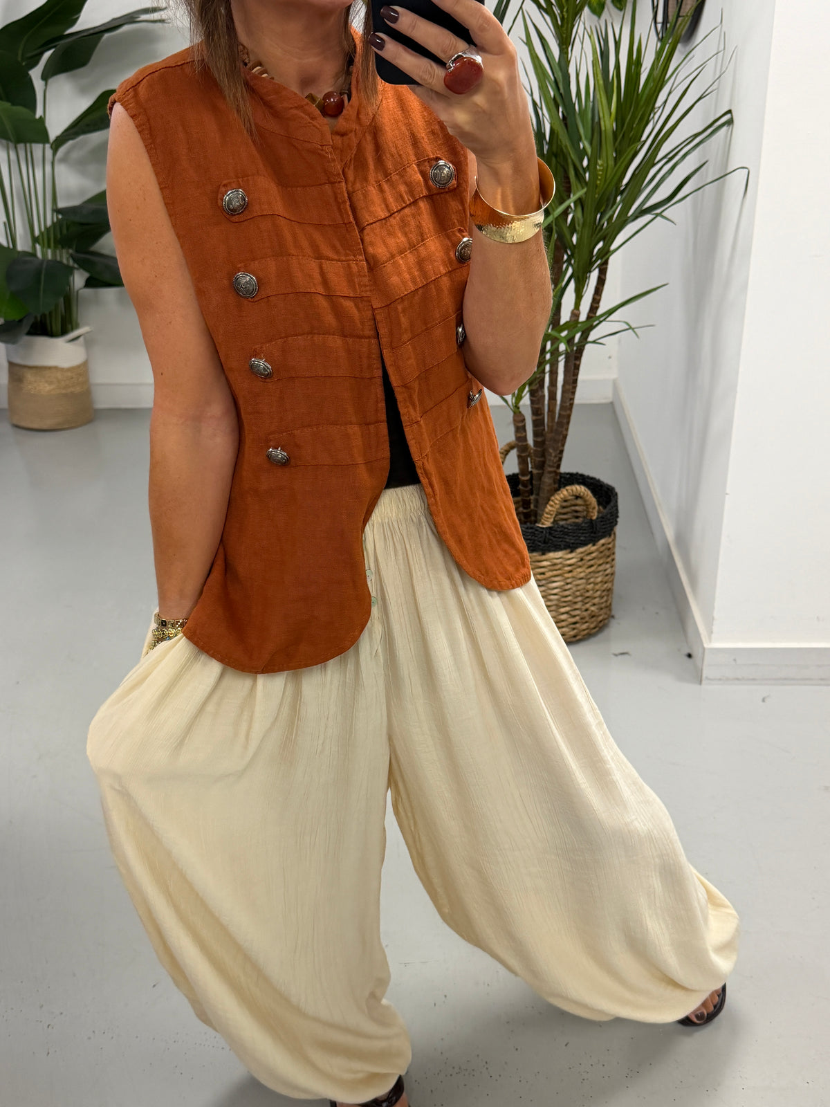 Linen Military Waistcoat - Rust