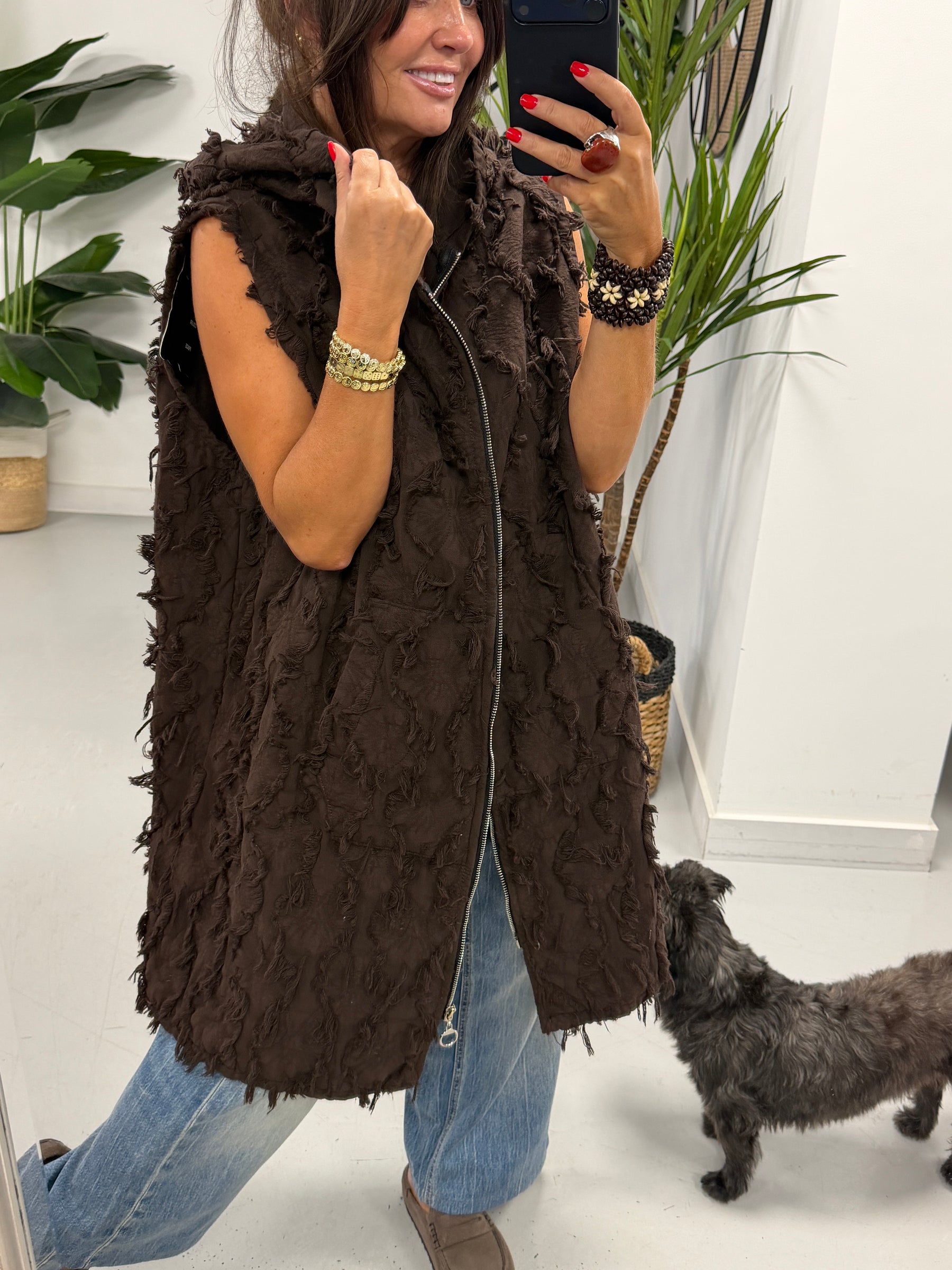 PRE ORDER Shelby Shaggy Hooded Gilet - Chocolate