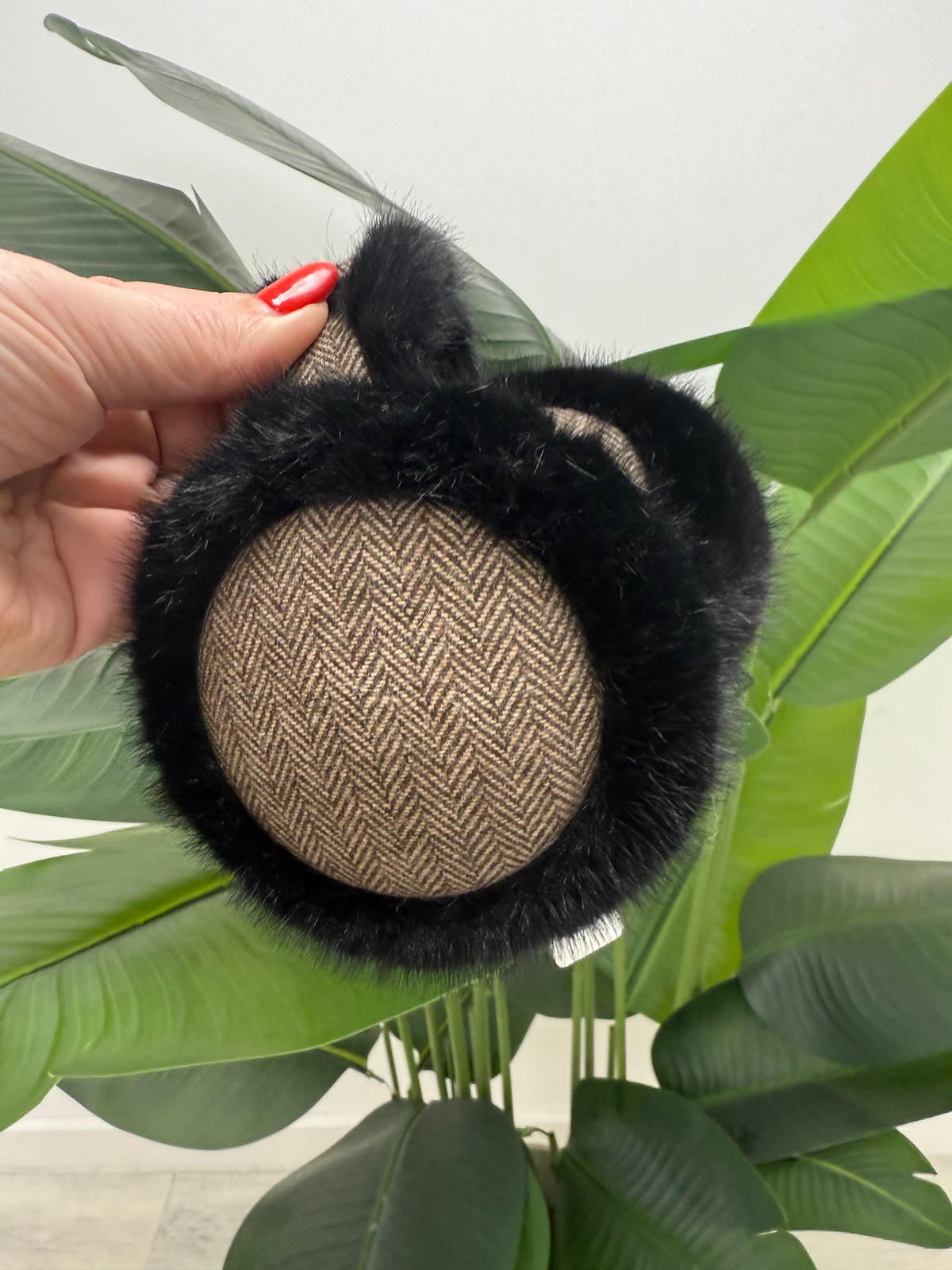 Faux Fur Ear Muffs - Brown Herringbone