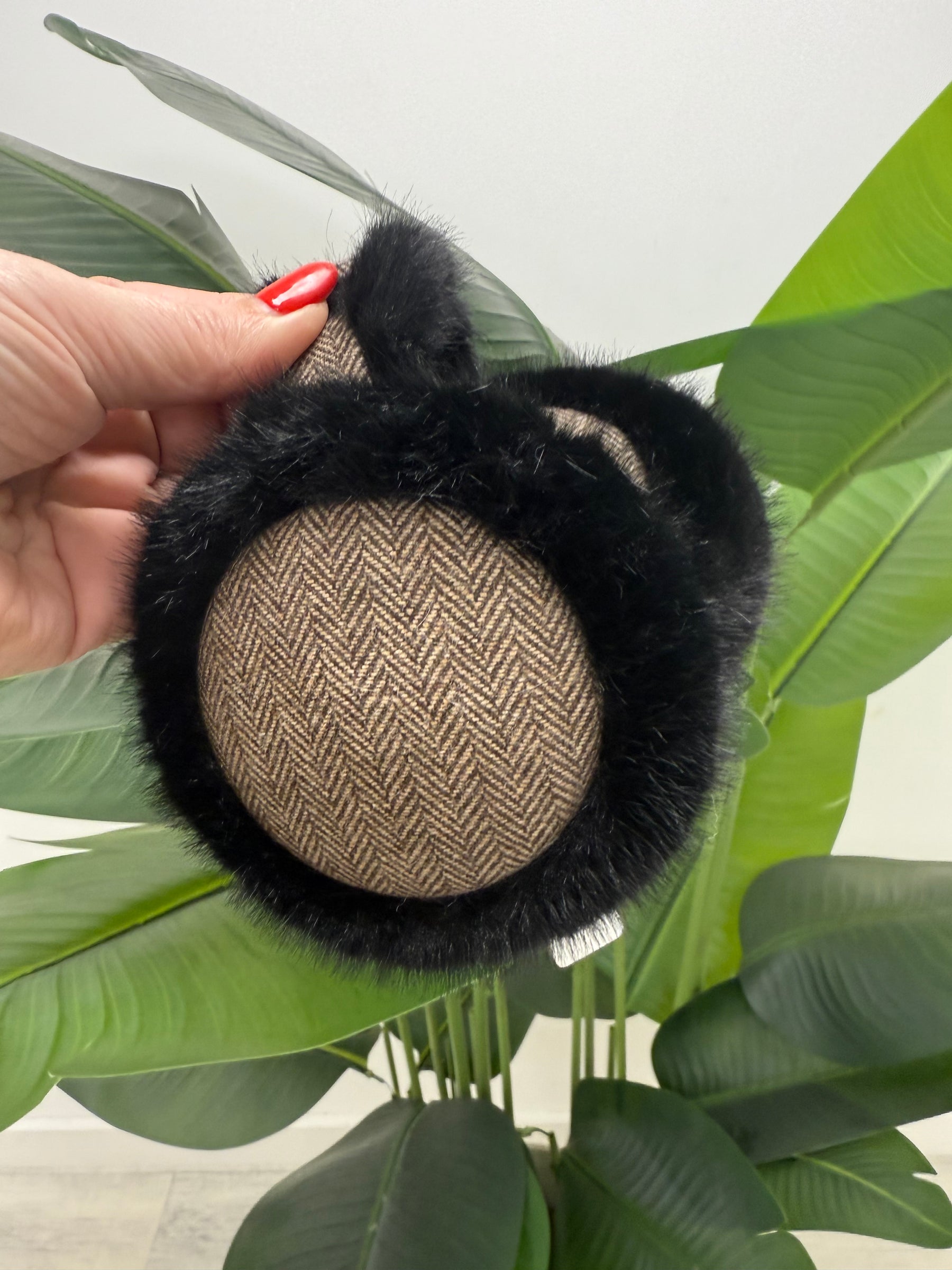 Faux Fur Ear Muffs - Brown Herringbone