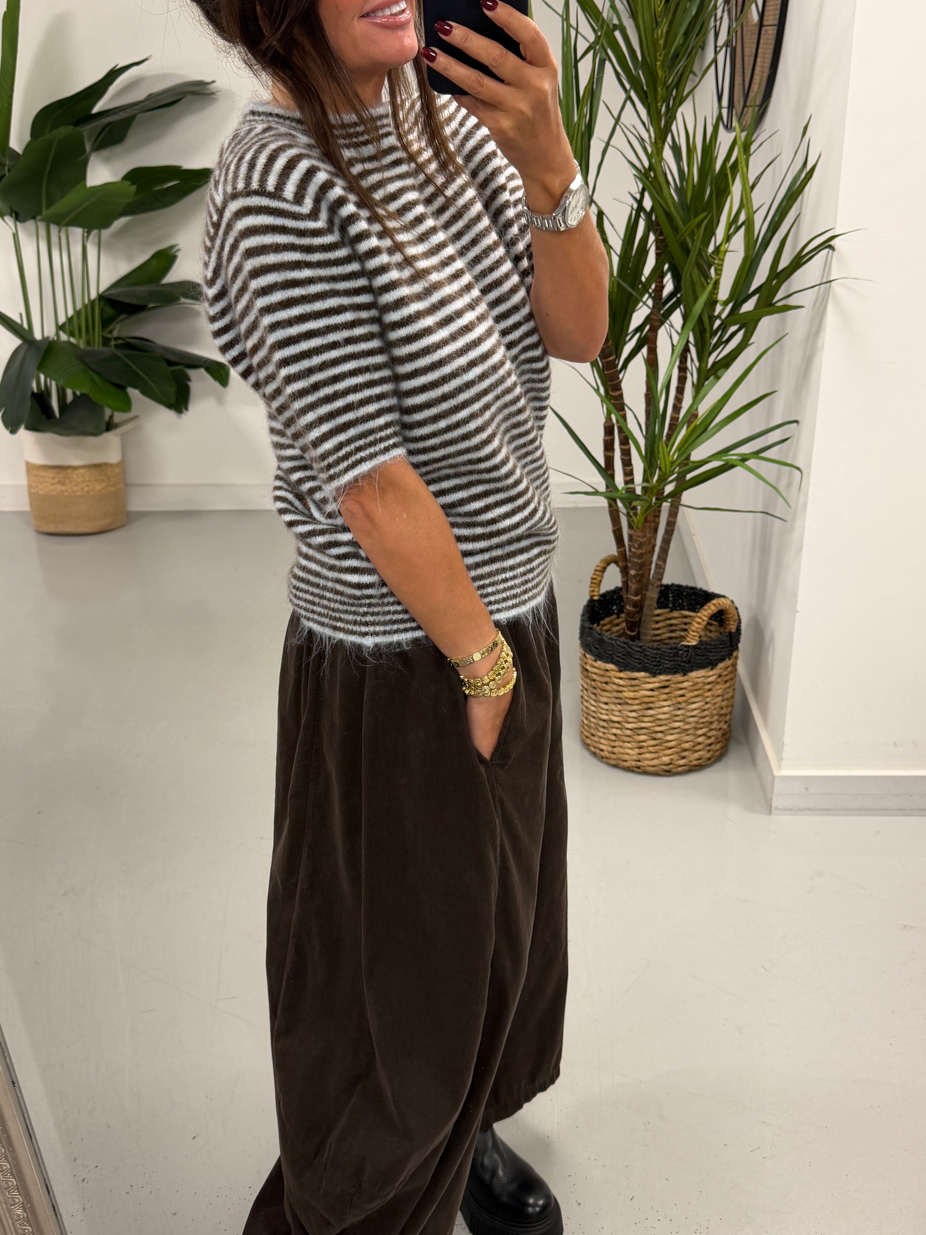 Stripe Crop Sleeve Knit  - Blue/Chocolate (Size 8-14)