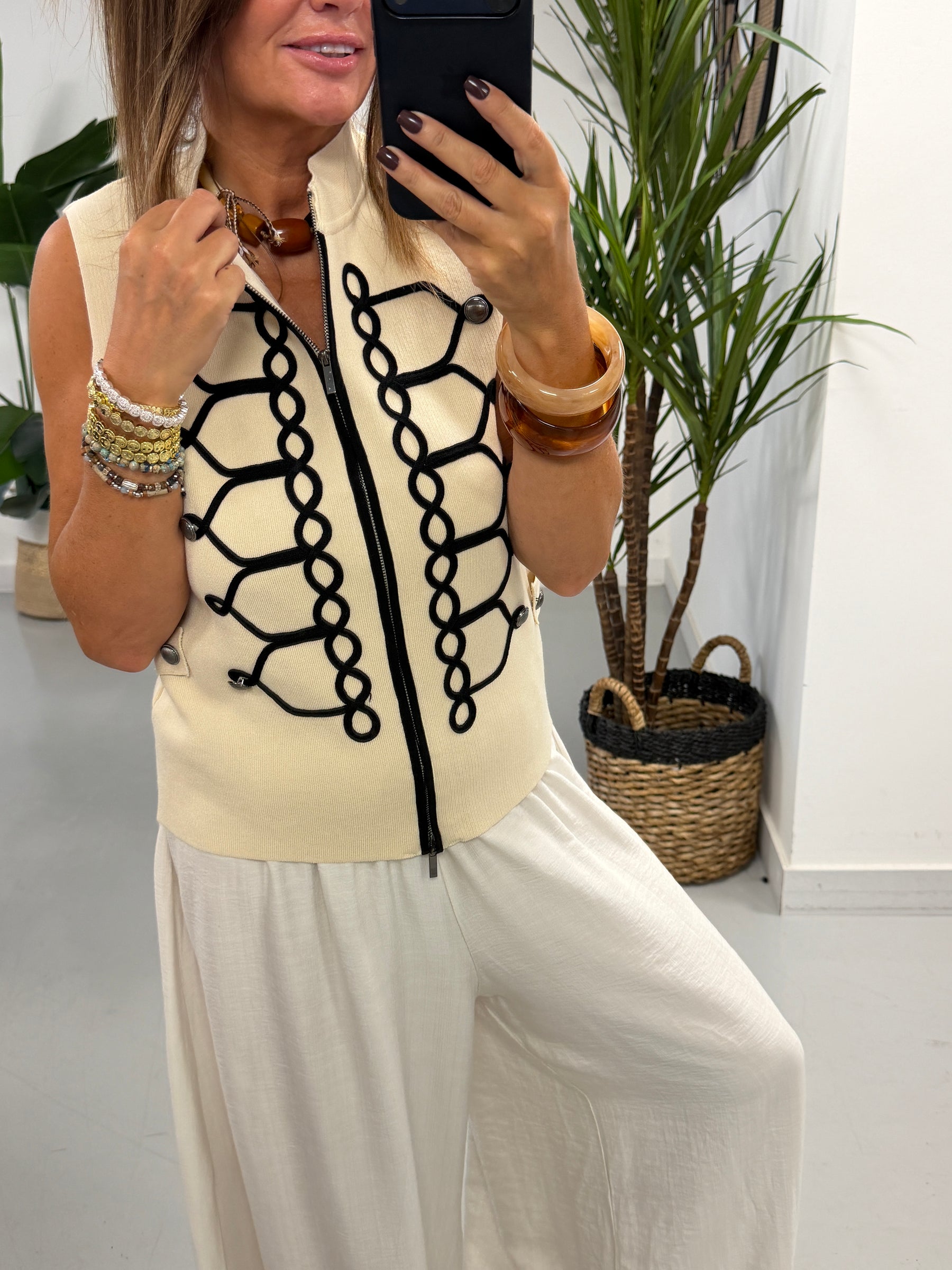 Military Patterned Knitted Waistcoat - Camel/Black