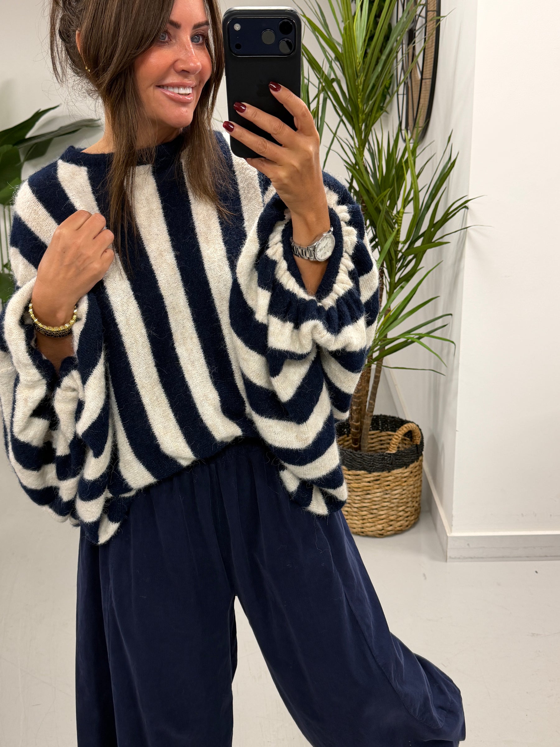 Zeta Otto Stripe Chunky Sleeve Knit - Navy (Size 10-18)