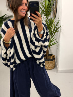 Zeta Otto Stripe Chunky Sleeve Knit - Navy (Size 10-18)