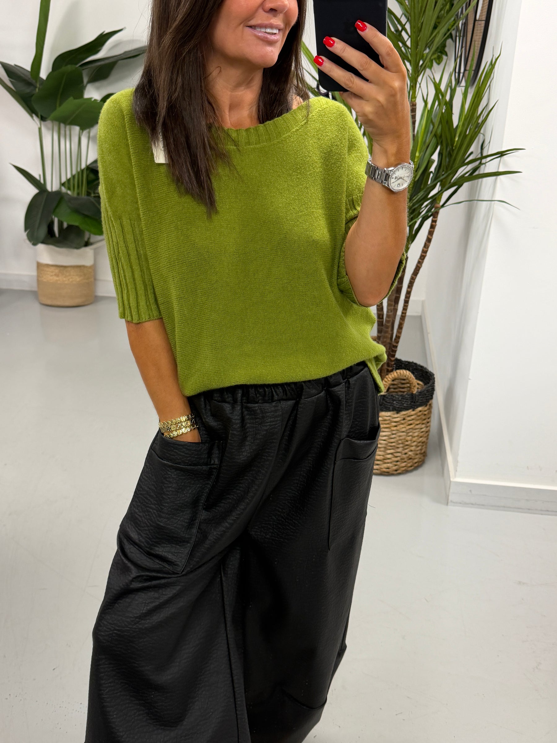 Crop Sleeve Boat Neck Knit - Pistacio