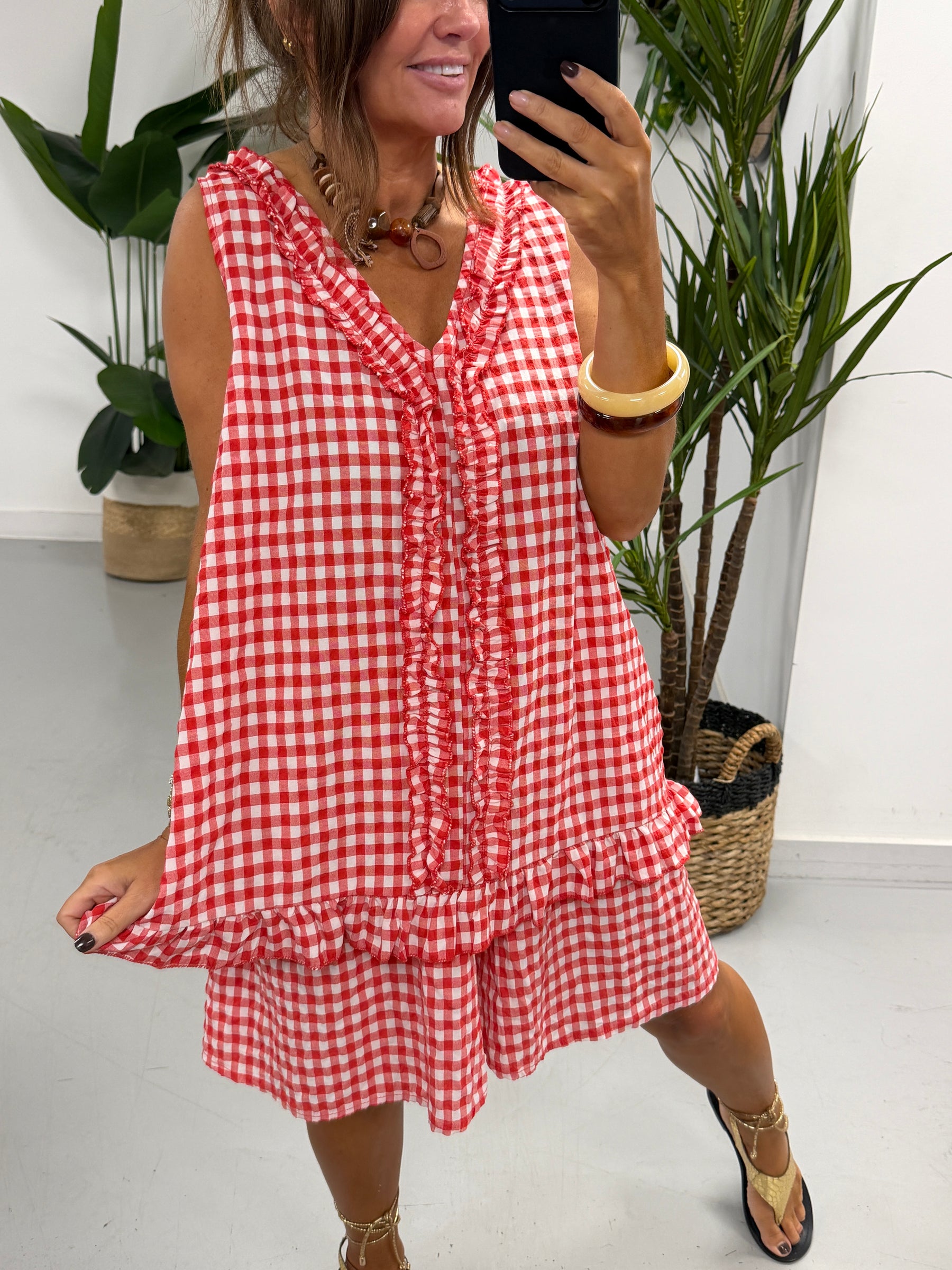 The Gingham Frill Tunic- Red