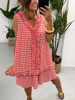 The Gingham Frill Tunic- Red