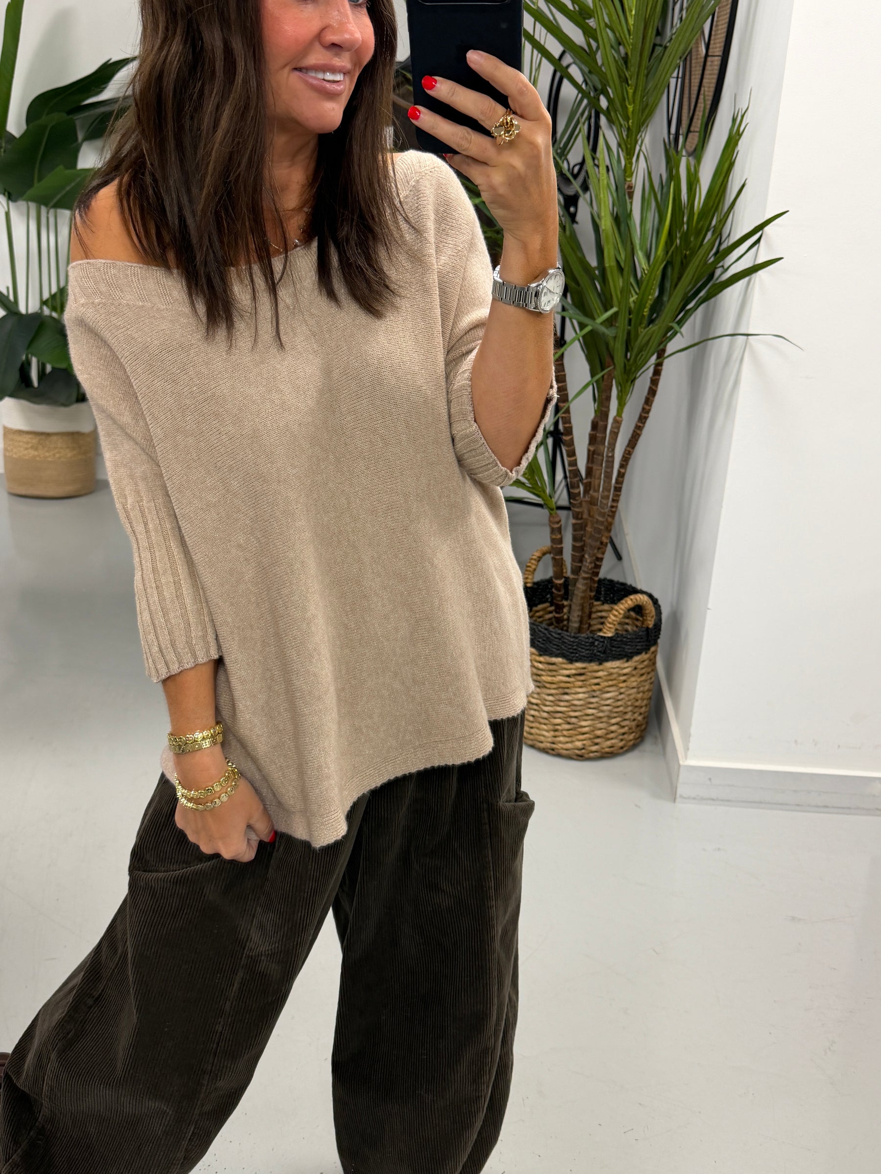 Crop Sleeve Boat Neck Knit - Oatmeal (Size 10 - 16)