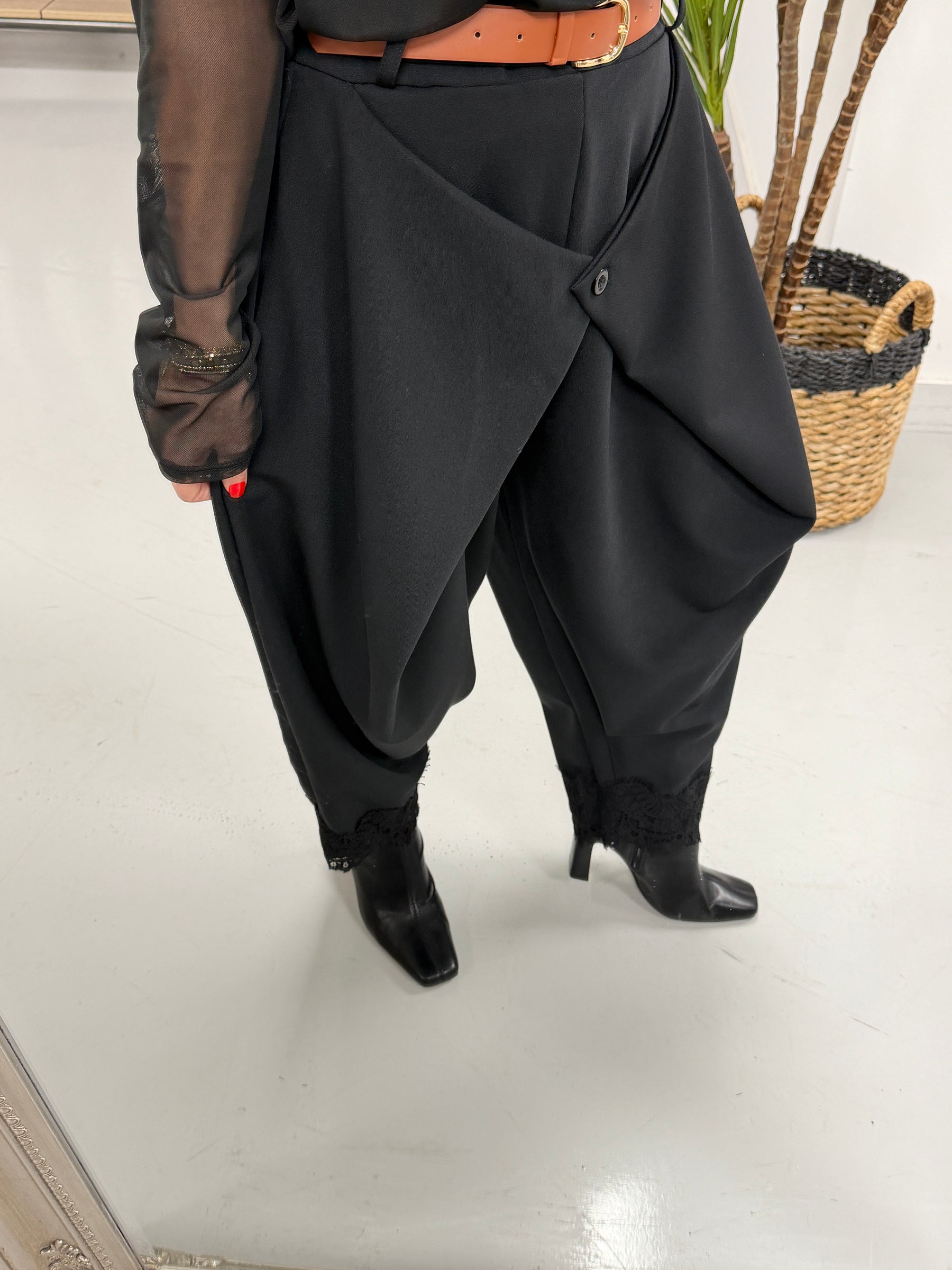 Button Wrap Lace Trim Trousers - Black