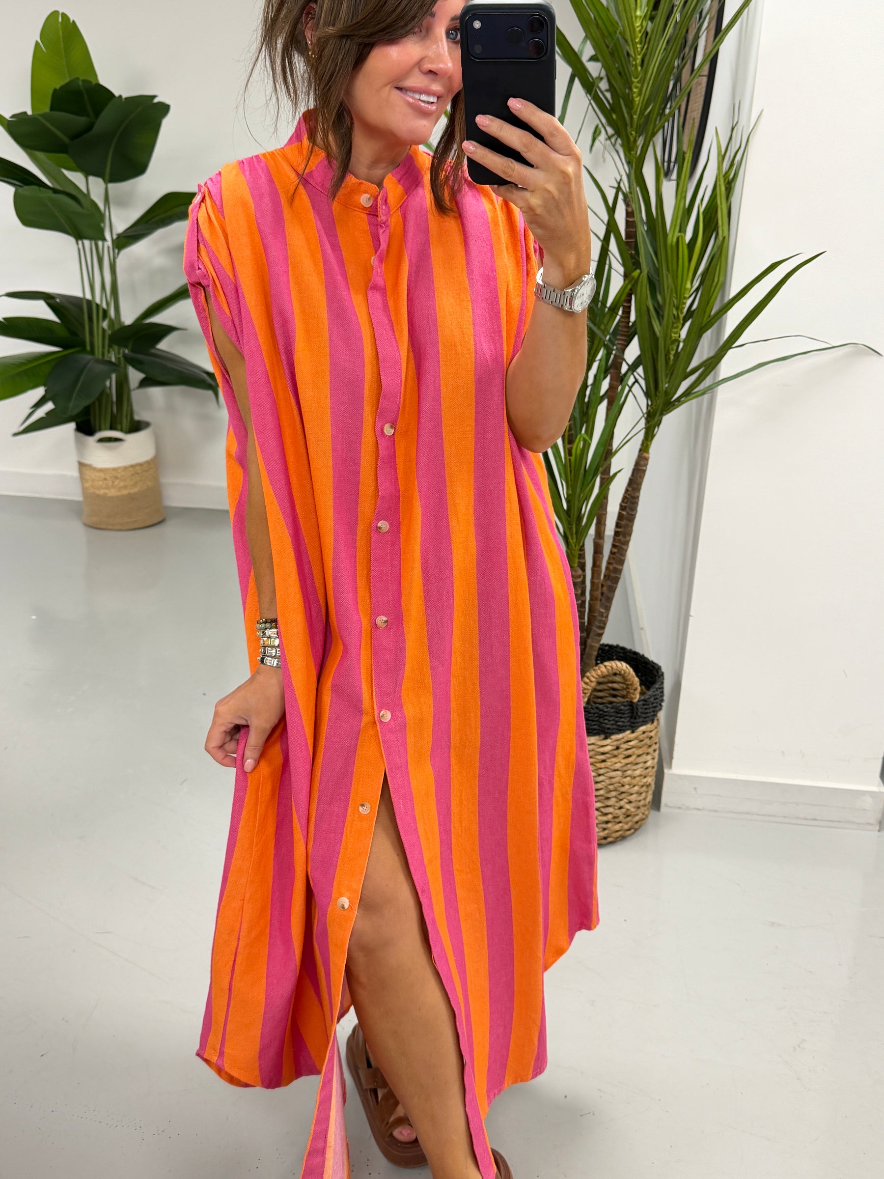 Sugar Rush Cotton Shirt Dress - Pink/Orange