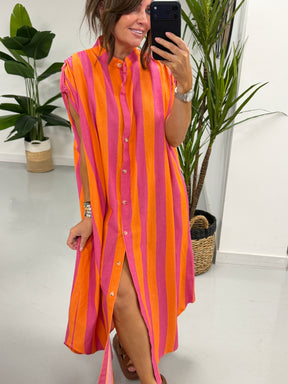 Sugar Rush Cotton Shirt Dress - Pink/Orange
