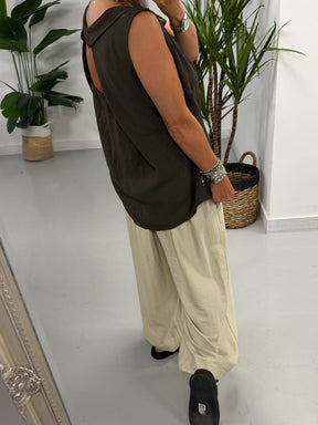 Reverse Collar Embroidered Tunic - Chocolate